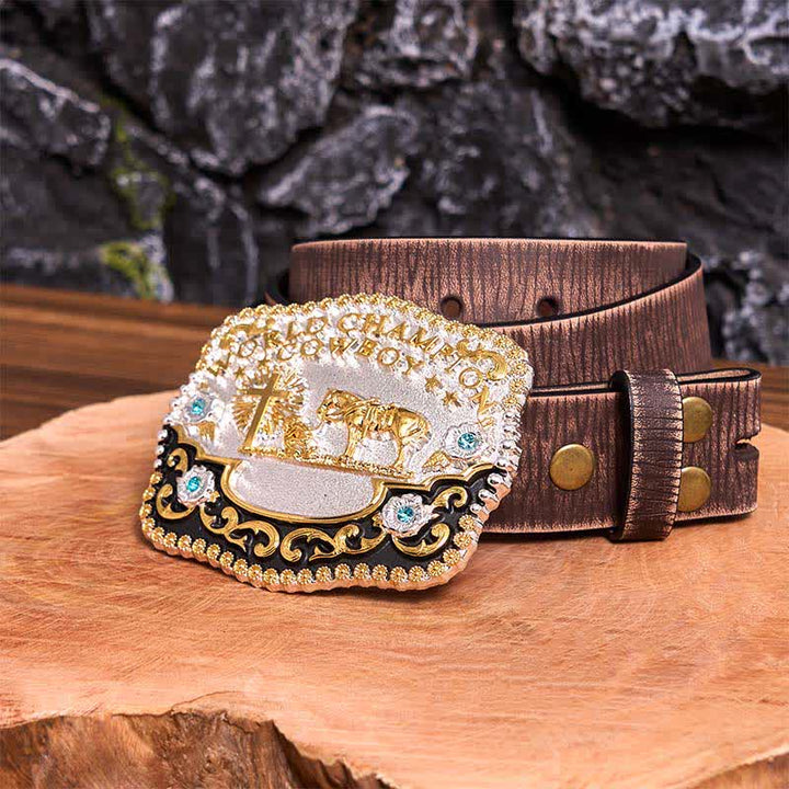 Ceinture en cuir à grande boucle avec croix de prière et motif cowboy champion du monde à faire soi-même - Prière - Ceinture marron vieillie - 42 - image 9