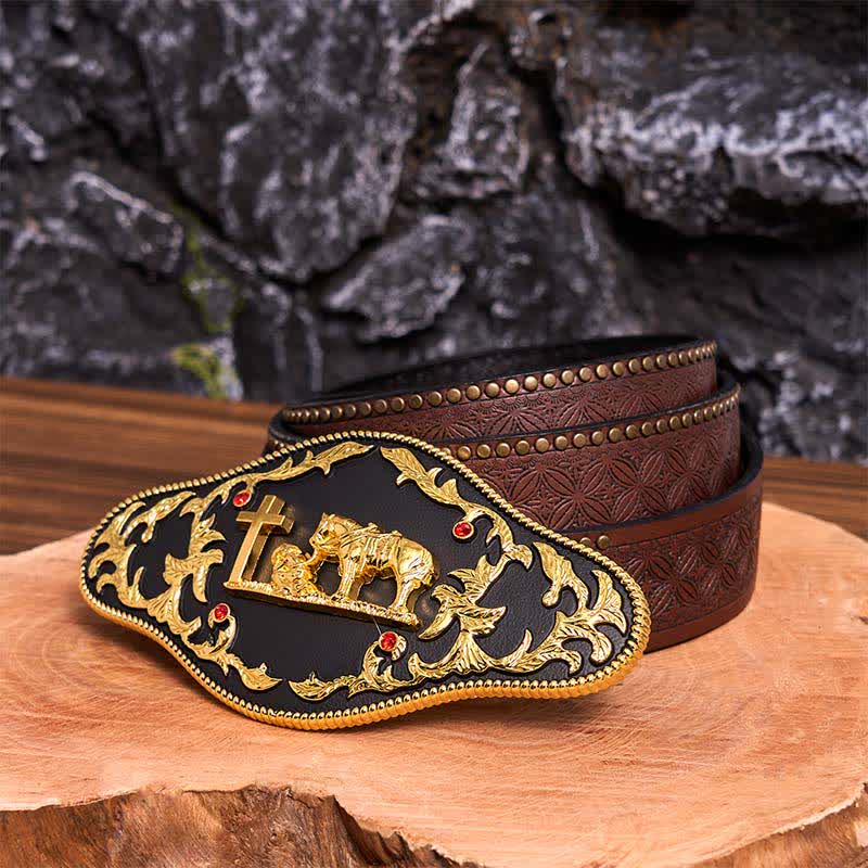 Ceinture en cuir à grande boucle noire et dorée avec croix de prière DIY - Prière - Ceinture à rivets marron - 42 - image 8