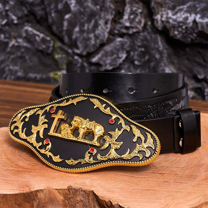 Ceinture en cuir à grande boucle noire et dorée avec croix de prière DIY - Prière - Ceinture noire avec aigle en relief - 42 - image 6