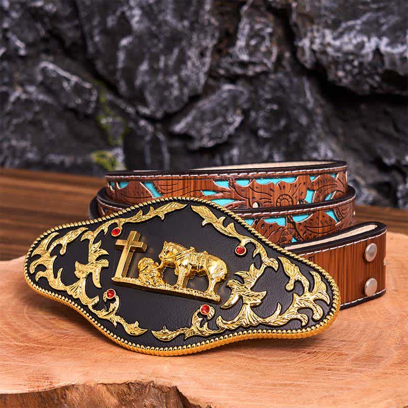 Ceinture en cuir à grande boucle noire et dorée avec croix de prière DIY - Prière - Ceinture sculptée en turquoise - 42 - image 7