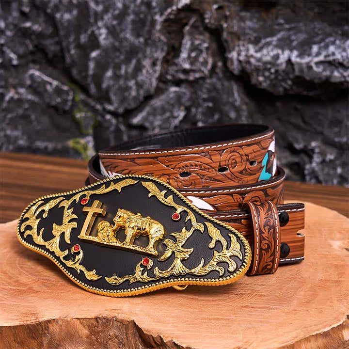 Ceinture en cuir à grande boucle noire et dorée avec croix de prière DIY - Prière - Ceinture à plumes marron - 40 - image 11