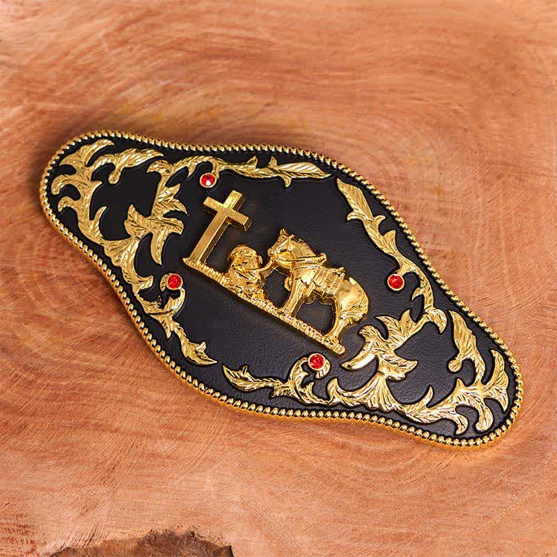 Ceinture en cuir à grande boucle noire et dorée avec croix de prière DIY - image 2