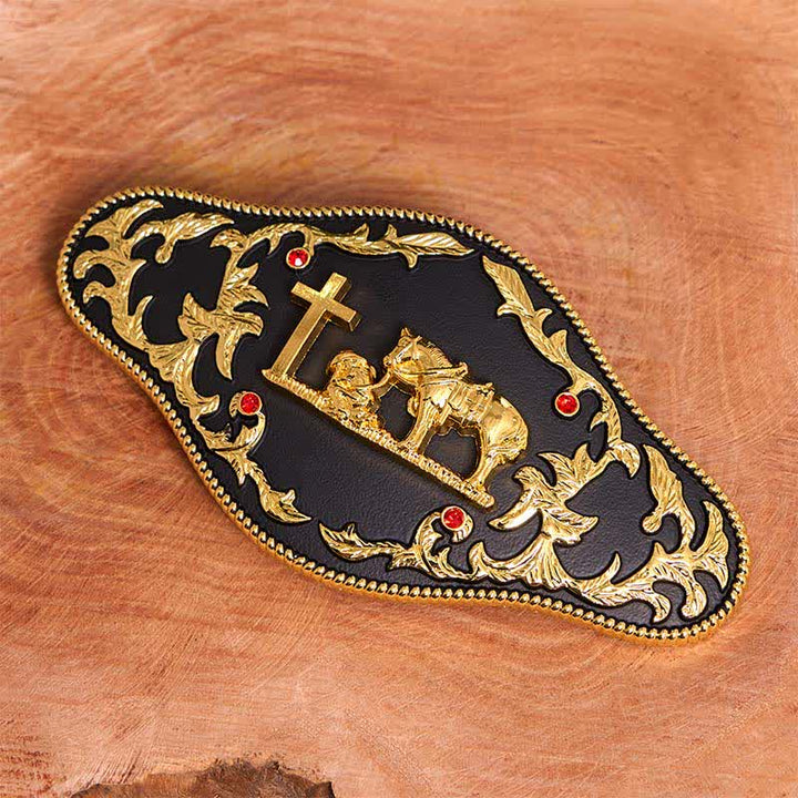 Ceinture en cuir à grande boucle noire et dorée avec croix de prière DIY - image 2