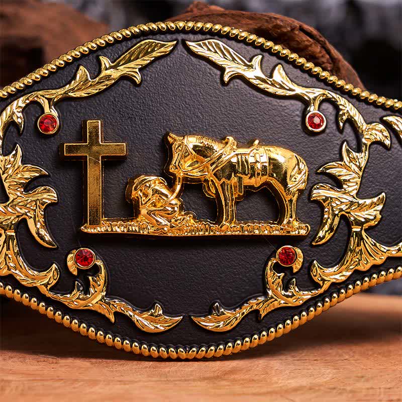 Ceinture en cuir à grande boucle noire et dorée avec croix de prière DIY - image 4