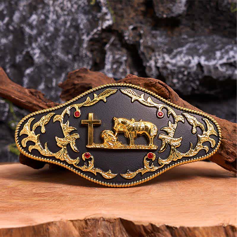 Ceinture en cuir à grande boucle noire et dorée avec croix de prière DIY - Prière - Sans ceinture - Ceinture non incluse - image 1