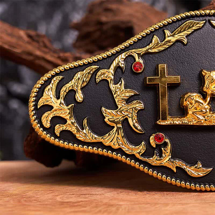 Ceinture en cuir à grande boucle noire et dorée avec croix de prière DIY - image 5