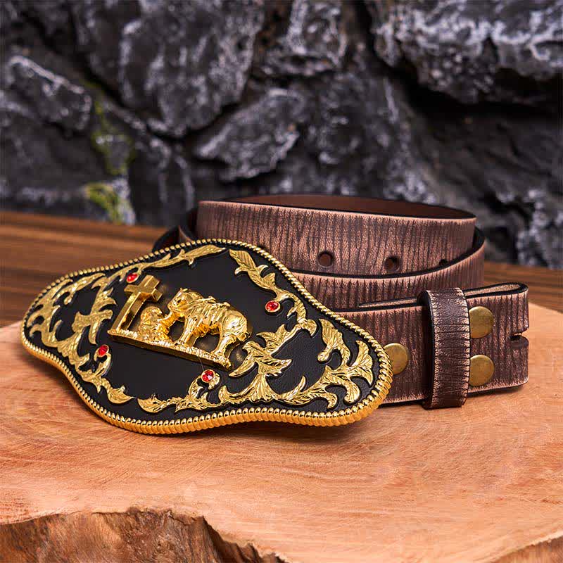 Ceinture en cuir à grande boucle noire et dorée avec croix de prière DIY - Prière - Ceinture marron vieillie - 42 - image 9