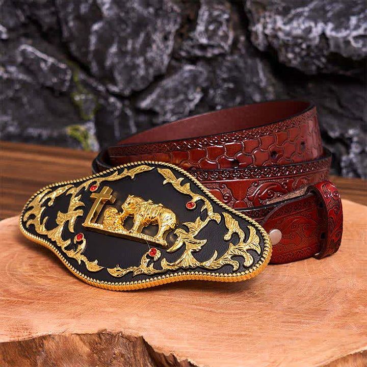 Ceinture en cuir à grande boucle noire et dorée avec croix de prière DIY - Prière - Ceinture marron sculptée - 42 - image 10