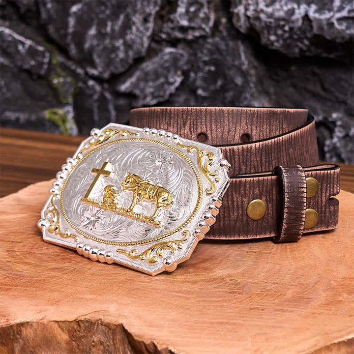 Ceinture en cuir à grande boucle, motif cowboy en prière, croix et cheval, argent et or - Prière - Ceinture marron vieillie - 42 - image 9
