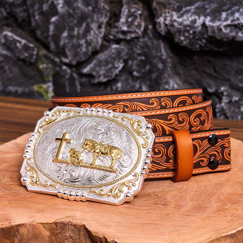 Ceinture en cuir à grande boucle, motif cowboy en prière, croix et cheval, argent et or - Prière - Ceinture fleurie en relief orange - 42 - image 10