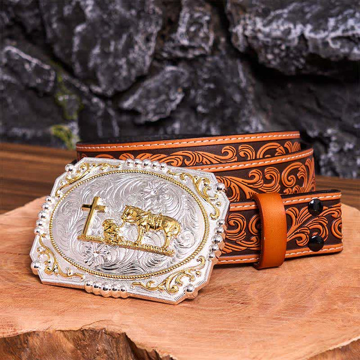 Ceinture en cuir à grande boucle, motif cowboy en prière, croix et cheval, argent et or - Prière - Ceinture fleurie en relief orange - 42 - image 10
