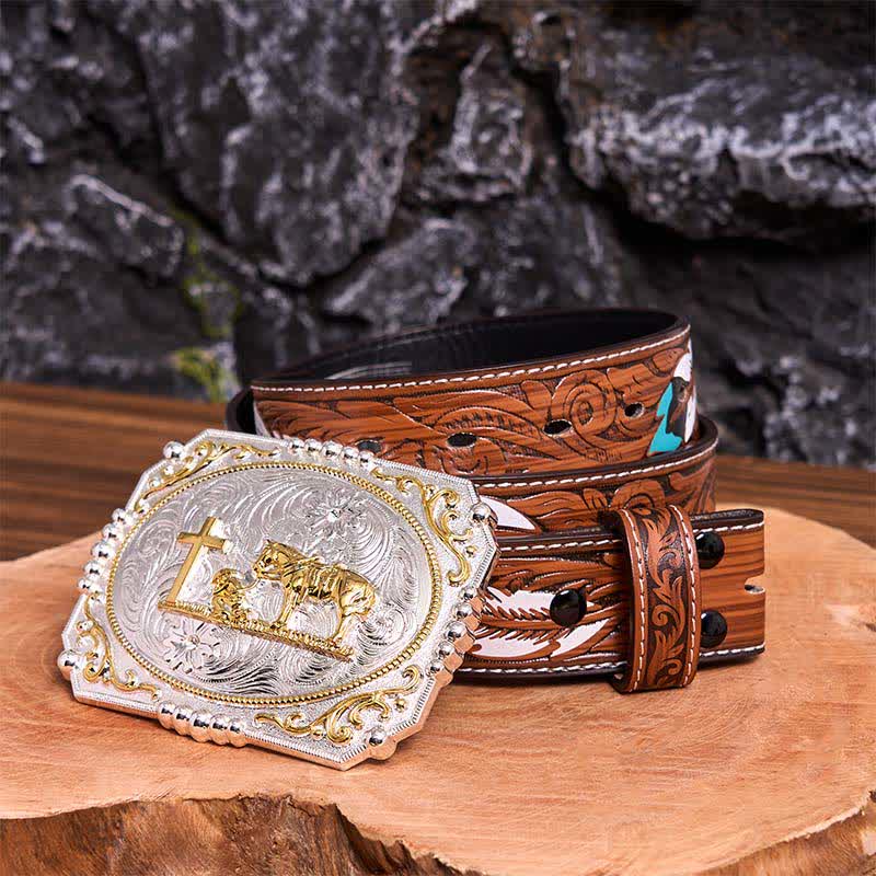 Ceinture en cuir à grande boucle, motif cowboy en prière, croix et cheval, argent et or - Prière - Ceinture à plumes marron - 40 - image 11