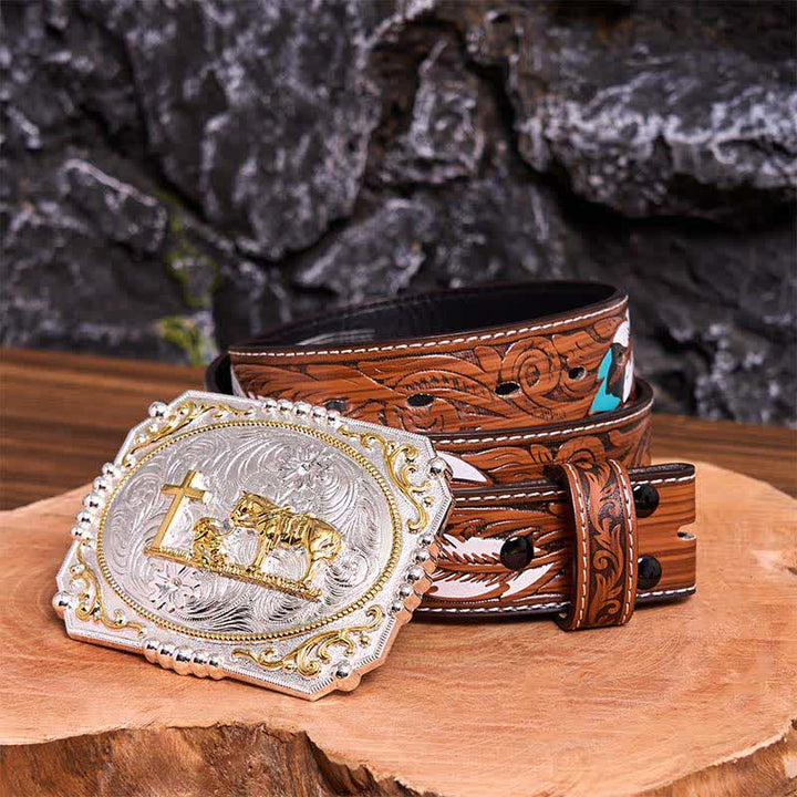 Ceinture en cuir à grande boucle, motif cowboy en prière, croix et cheval, argent et or - Prière - Ceinture à plumes marron - 40 - image 11