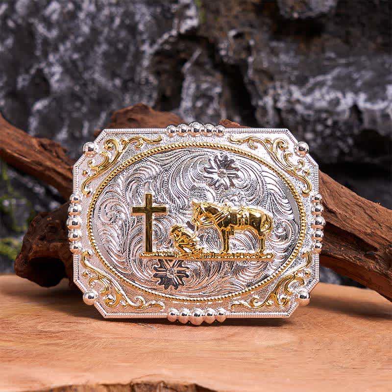 Ceinture en cuir à grande boucle, motif cowboy en prière, croix et cheval, argent et or - Prière - Sans ceinture - Ceinture non incluse - image 1
