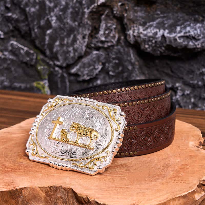 Ceinture en cuir à grande boucle, motif cowboy en prière, croix et cheval, argent et or - Prière - Ceinture à rivets marron - 42 - image 8