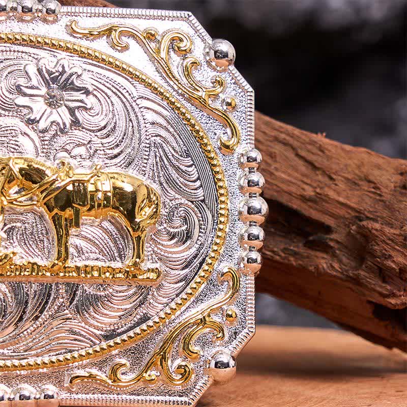 Ceinture en cuir à grande boucle, motif cowboy en prière, croix et cheval, argent et or - image 3