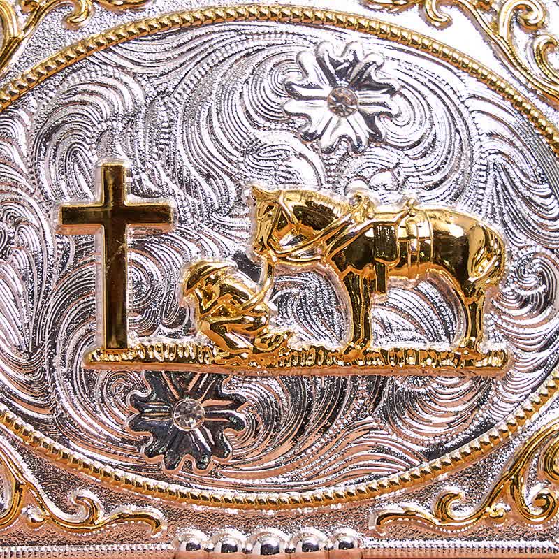 Ceinture en cuir à grande boucle, motif cowboy en prière, croix et cheval, argent et or - image 2