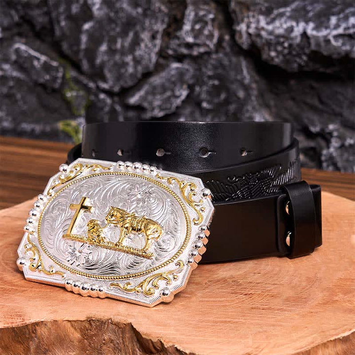 Ceinture en cuir à grande boucle, motif cowboy en prière, croix et cheval, argent et or - Prière - Ceinture noire avec aigle en relief - 42 - image 6