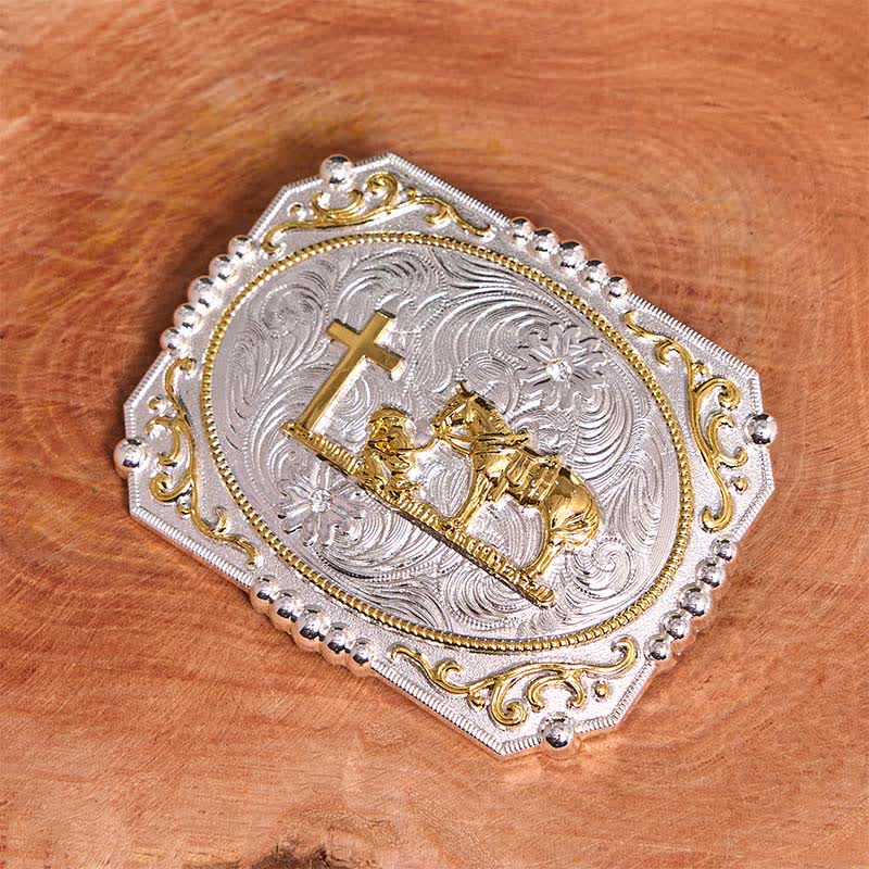 Ceinture en cuir à grande boucle, motif cowboy en prière, croix et cheval, argent et or - image 4
