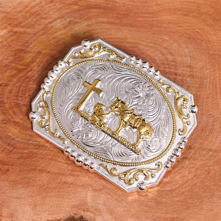 Ceinture en cuir à grande boucle, motif cowboy en prière, croix et cheval, argent et or - image 4