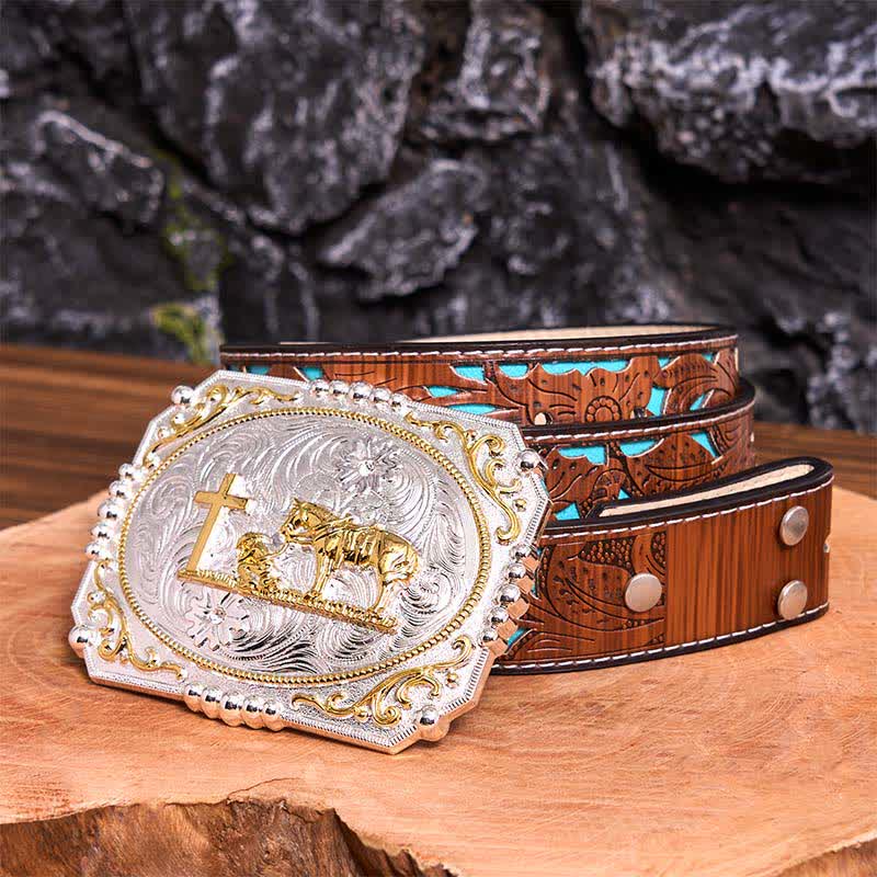 Ceinture en cuir à grande boucle, motif cowboy en prière, croix et cheval, argent et or - Prière - Ceinture sculptée en turquoise - 42 - image 7