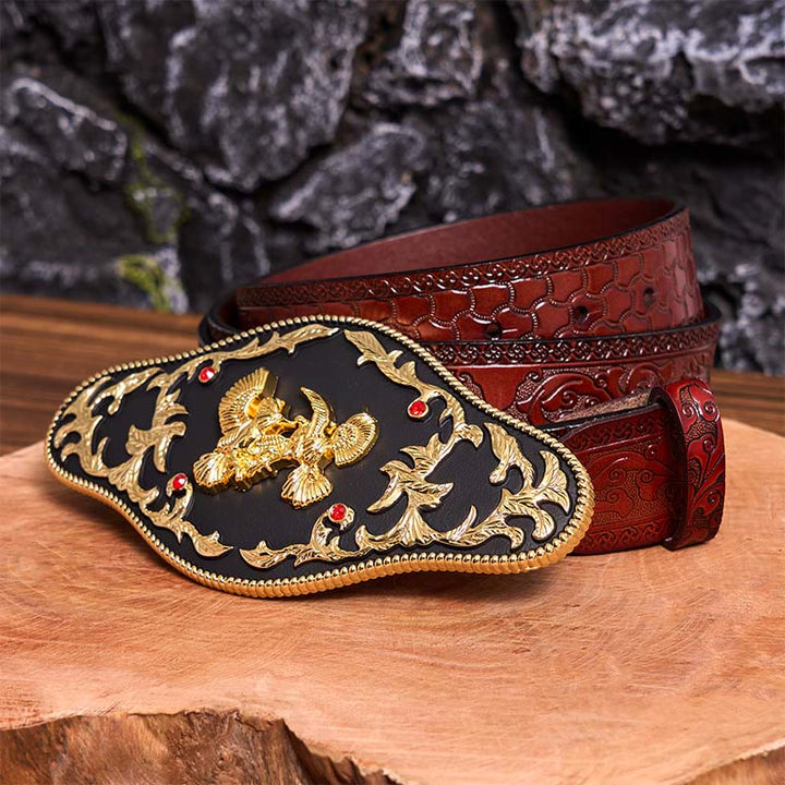 Ceinture en cuir à boucle DIY avec aigles noirs et dorés - Aigles noirs et or - Ceinture marron sculptée - 42 - image 10