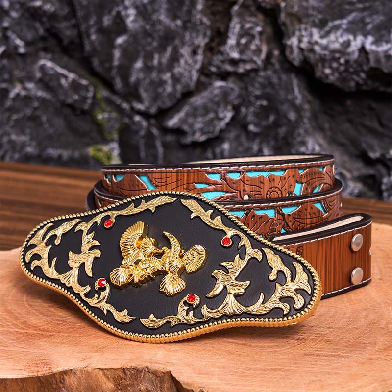 Ceinture en cuir à boucle DIY avec aigles noirs et dorés - Aigles noirs et or - Ceinture sculptée en turquoise - 42 - image 7