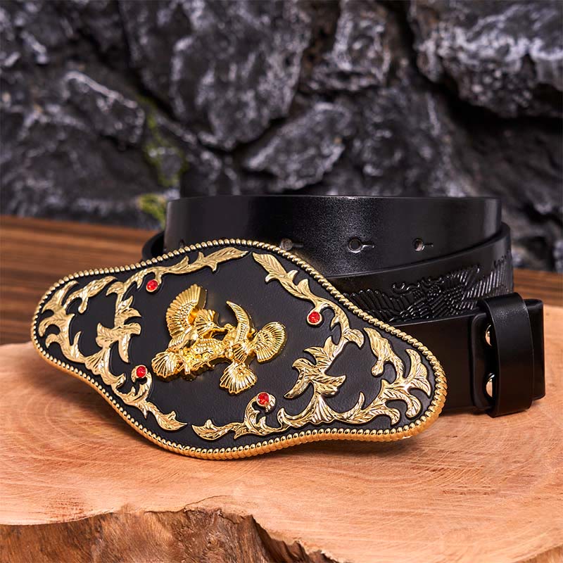 Ceinture en cuir à boucle DIY avec aigles noirs et dorés - Aigles noirs et or - Ceinture noire avec aigle en relief - 42 - image 6
