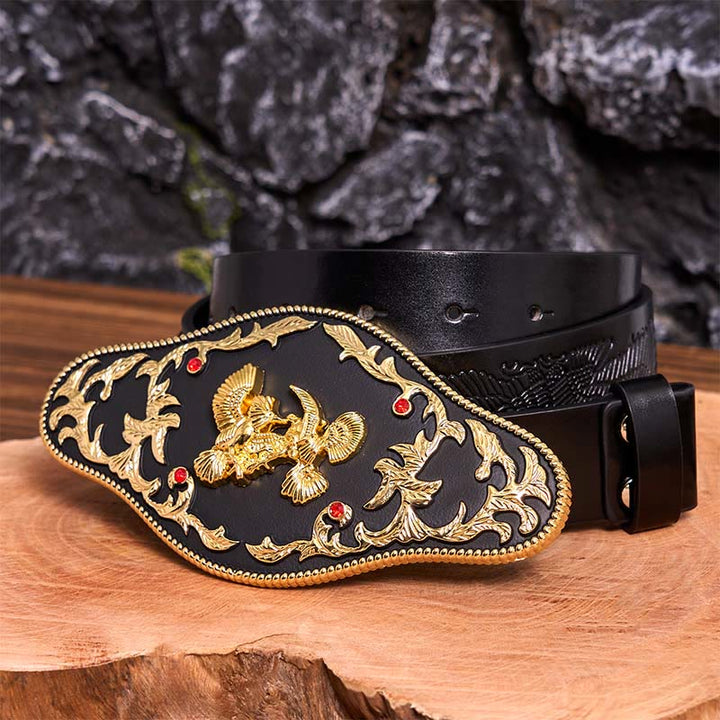 Ceinture en cuir à boucle DIY avec aigles noirs et dorés - Aigles noirs et or - Ceinture noire avec aigle en relief - 42 - image 6