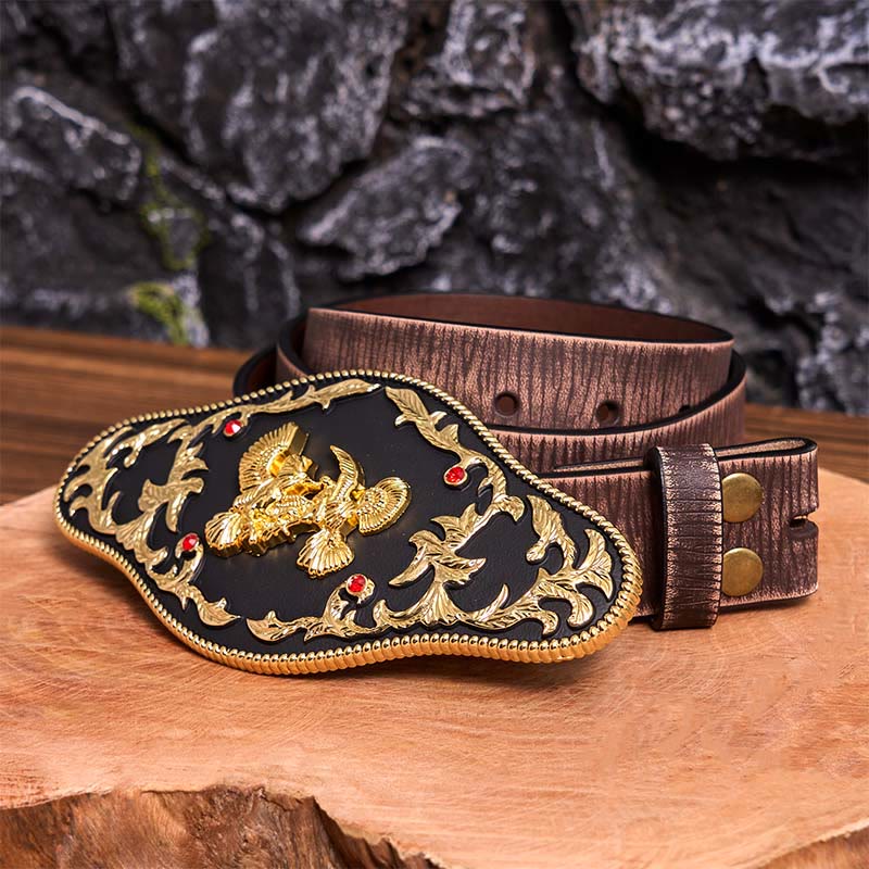 Ceinture en cuir à boucle DIY avec aigles noirs et dorés - Aigles noirs et or - Ceinture marron vieillie - 42 - image 9
