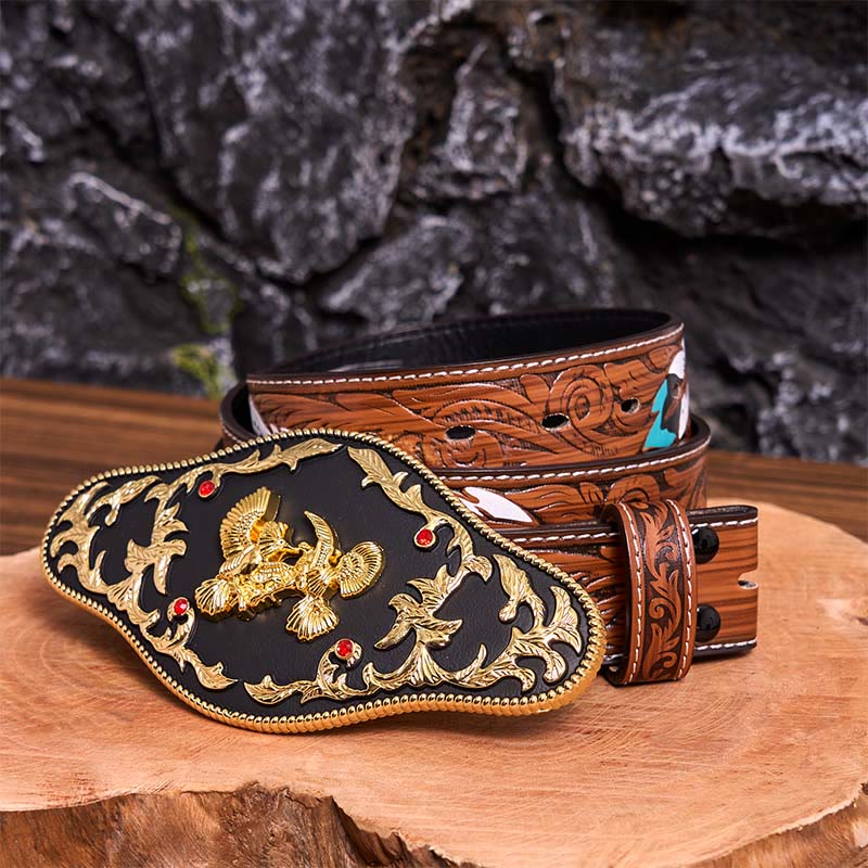 Ceinture en cuir à boucle DIY avec aigles noirs et dorés - Aigles noirs et or - Ceinture à plumes marron - 40 - image 11