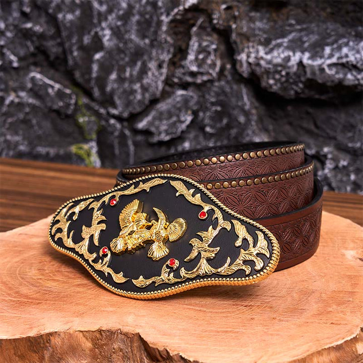 Ceinture en cuir à boucle DIY avec aigles noirs et dorés - Aigles noirs et or - Ceinture à rivets marron - 42 - image 8