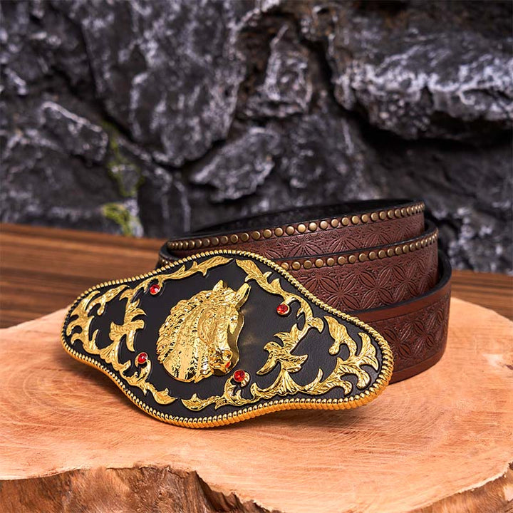 Ceinture en cuir à boucle tête de cheval noire et dorée DIY - Tête de cheval noir et or - Ceinture à rivets marron - 42 - image 8