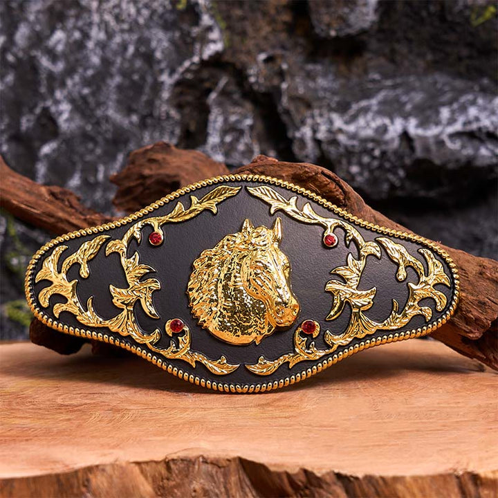 Ceinture en cuir à boucle tête de cheval noire et dorée DIY - Tête de cheval noir et or - Sans ceinture - Ceinture non incluse - image 1