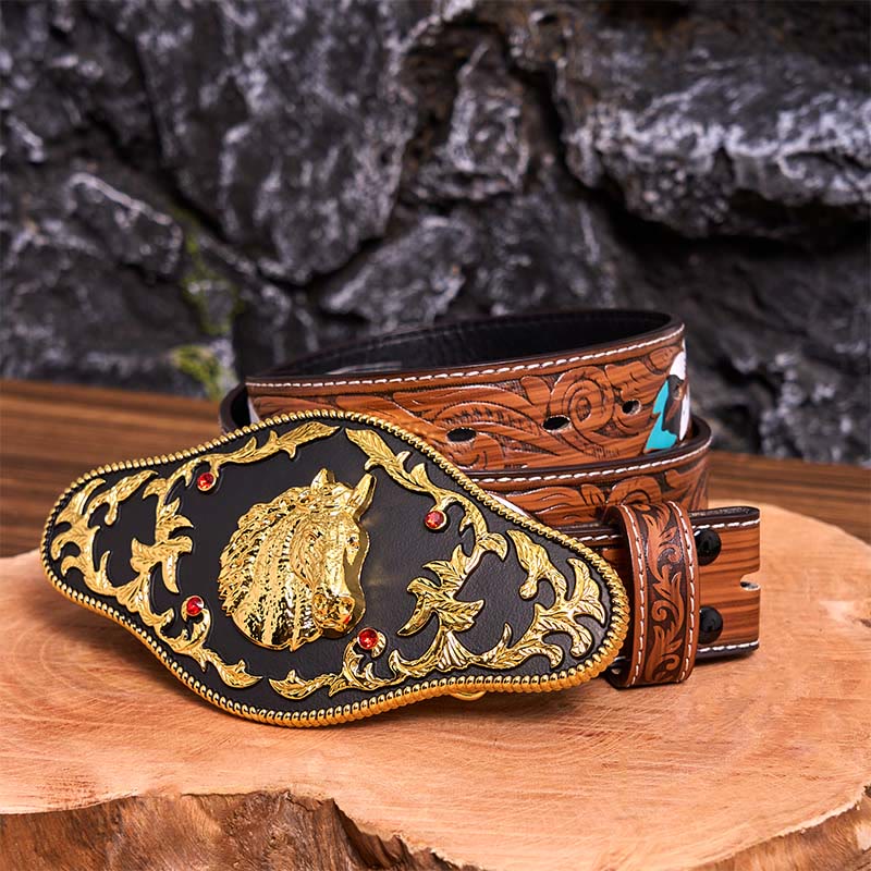 Ceinture en cuir à boucle tête de cheval noire et dorée DIY - Tête de cheval noir et or - Ceinture à plumes marron - 40 - image 11