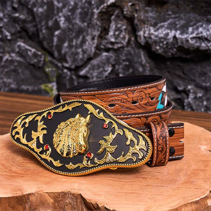 Ceinture en cuir à boucle tête de cheval noire et dorée DIY - Tête de cheval noir et or - Ceinture à plumes marron - 40 - image 11