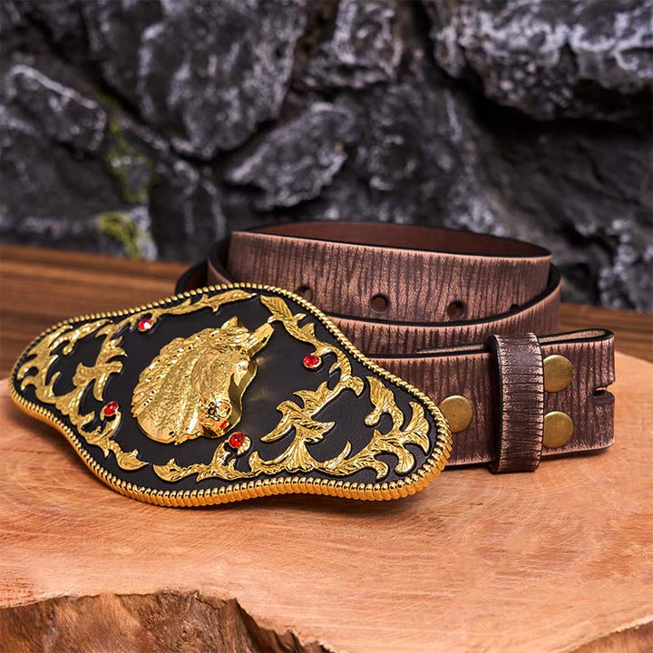 Ceinture en cuir à boucle tête de cheval noire et dorée DIY - Tête de cheval noir et or - Ceinture marron vieillie - 42 - image 9
