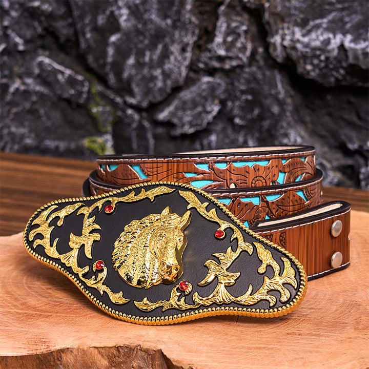Ceinture en cuir à boucle tête de cheval noire et dorée DIY - Tête de cheval noir et or - Ceinture sculptée en turquoise - 42 - image 7