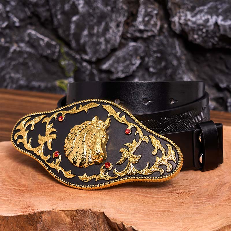 Ceinture en cuir à boucle tête de cheval noire et dorée DIY - Tête de cheval noir et or - Ceinture noire avec aigle en relief - 42 - image 6