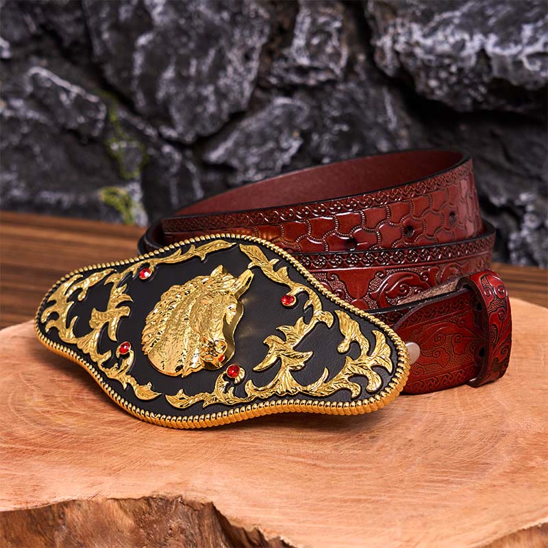 Ceinture en cuir à boucle tête de cheval noire et dorée DIY - Tête de cheval noir et or - Ceinture marron sculptée - 42 - image 10