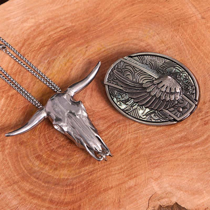 Ensemble de boucles de ceinture à couteau caché Angel Wing DIY, pendentif taureau à longues cornes - Aile - Sans ceinture - Ceinture non incluse - image 1