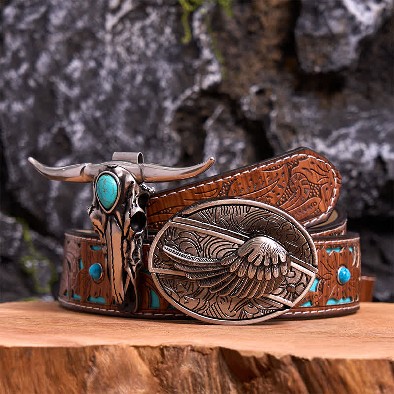 Ensemble de boucles de ceinture avec couteau caché en forme d'aile d'ange et pendentif taureau Longhorn turquoise - Aile - Ceinture sculptée en turquoise - 42 - image 0