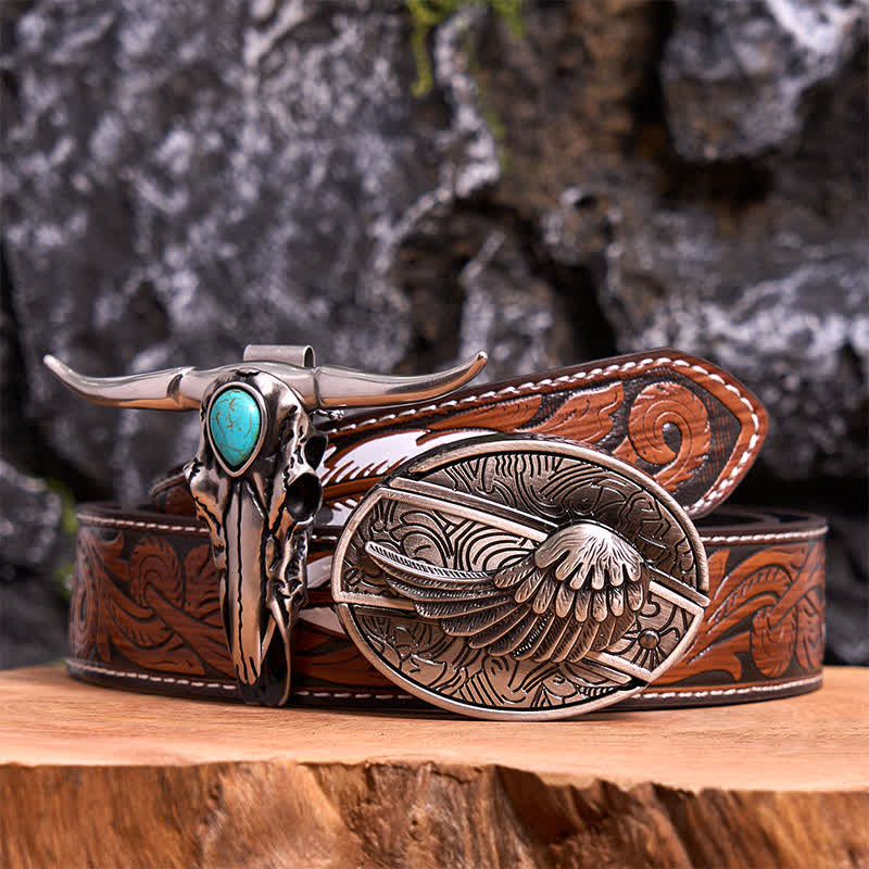Ensemble de boucles de ceinture avec couteau caché en forme d'aile d'ange et pendentif taureau Longhorn turquoise - Aile - Ceinture à plumes marron - 40 - image 8