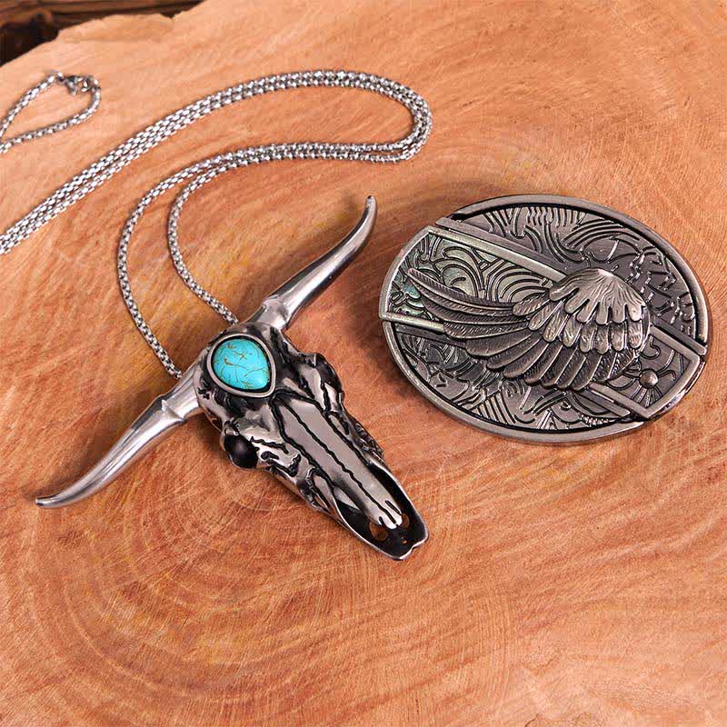 Ensemble de boucles de ceinture avec couteau caché en forme d'aile d'ange et pendentif taureau Longhorn turquoise - Aile - Sans ceinture - Ceinture non incluse - image 1