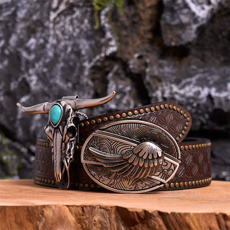 Ensemble de boucles de ceinture avec couteau caché en forme d'aile d'ange et pendentif taureau Longhorn turquoise - Aile - Ceinture à rivets marron - 42 - image 5