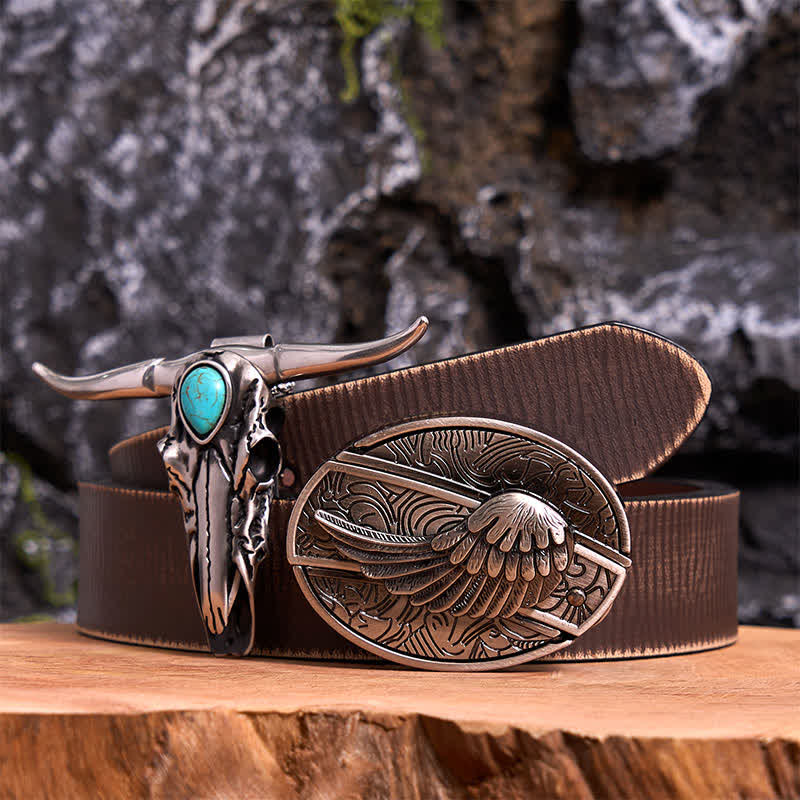 Ensemble de boucles de ceinture avec couteau caché en forme d'aile d'ange et pendentif taureau Longhorn turquoise - Aile - Ceinture marron vieillie - 42 - image 6