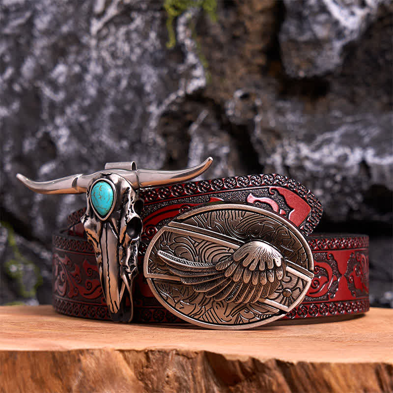 Ensemble de boucles de ceinture avec couteau caché en forme d'aile d'ange et pendentif taureau Longhorn turquoise - Aile - Ceinture marron sculptée - 42 - image 7