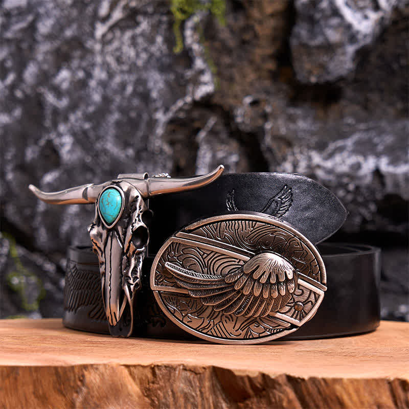 Ensemble de boucles de ceinture avec couteau caché en forme d'aile d'ange et pendentif taureau Longhorn turquoise - Aile - Ceinture noire avec aigle en relief - 42 - image 4