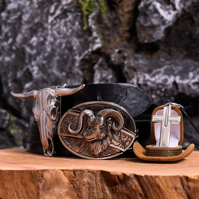 Ensemble de colliers et boucles de ceinture avec pendentif en forme de croix et couteau caché en forme de chèvre - Chèvre - Ceinture noire avec aigle en relief - 42 - image 0