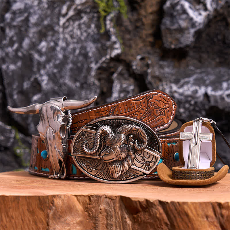 Ensemble de colliers et boucles de ceinture avec pendentif en forme de croix et couteau caché en forme de chèvre - Chèvre - Ceinture sculptée en turquoise - 42 - image 4